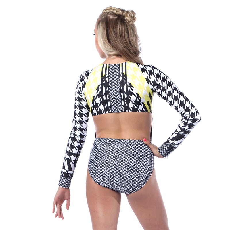 Houndstooth Zipper Front Long Sleeve Leotard