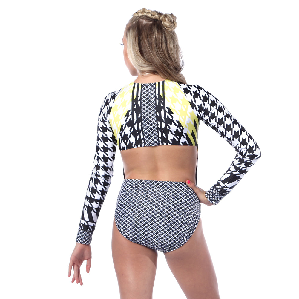 Youth Houndstooth Zipper Front Long Sleeve Leotard