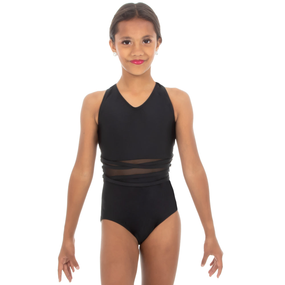 Youth V-Neck Mesh Panel Cut Out Wide Strap Back Leotard