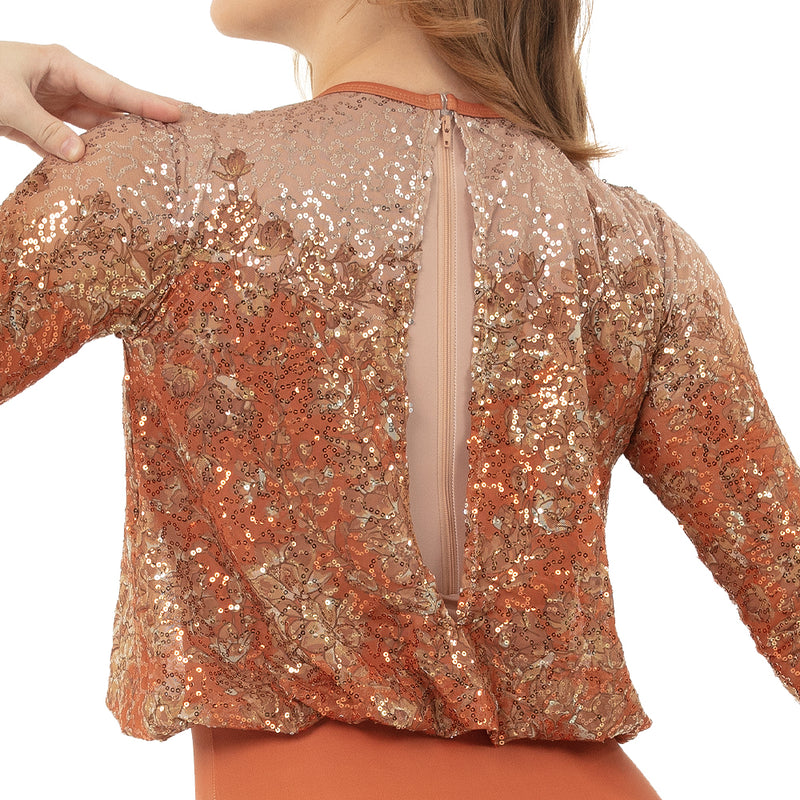 Youth Sequin Billowed Long Sleeve Floral Leotard