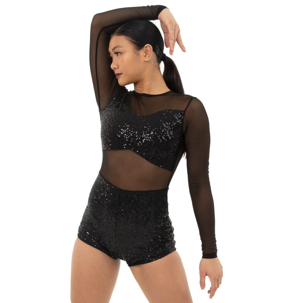 Long Sleeve Sequin Mesh Biketard