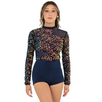 Youth Alexandra Iridescent Sequin Mesh Long Sleeve Biketard