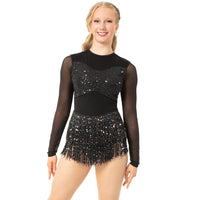 Long Sleeve Sequin Mesh Fringe Leotard