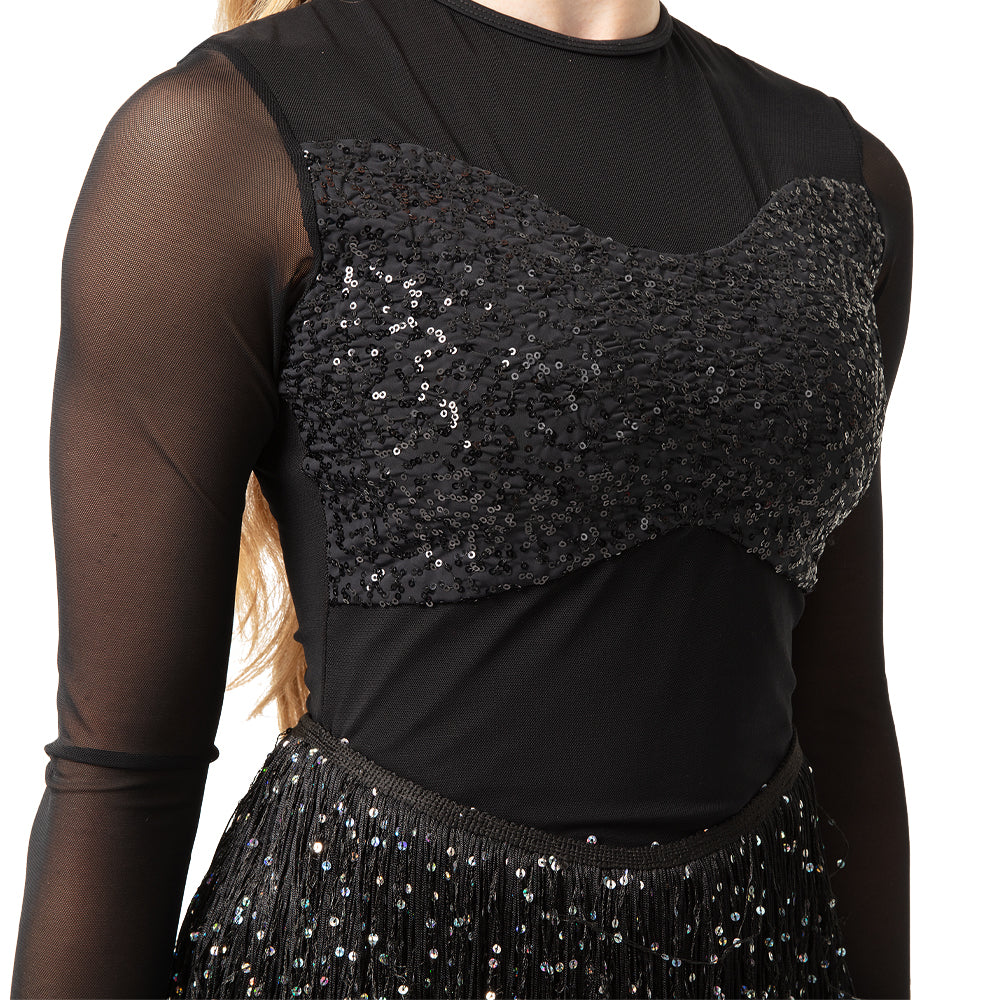 Youth Long Sleeve Sequin Mesh Fringe Leotard