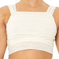 Elongated Gathered Mesh Overlay Crop Top