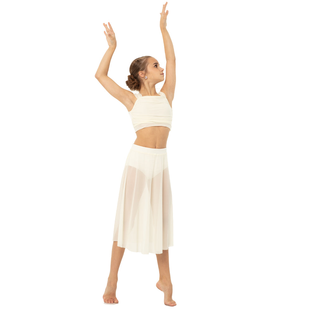 Youth Elongated Gathered Mesh Overlay Crop Top